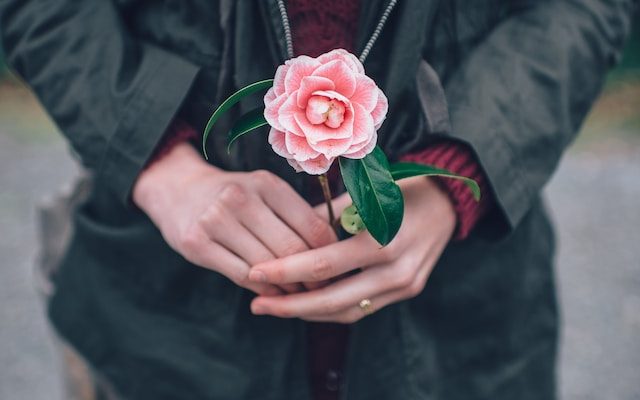 Femme tenant un camélia entre ses mains